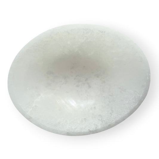 White Satin Spar oval crystal bowl with a polished interior and natural silky shimmer.