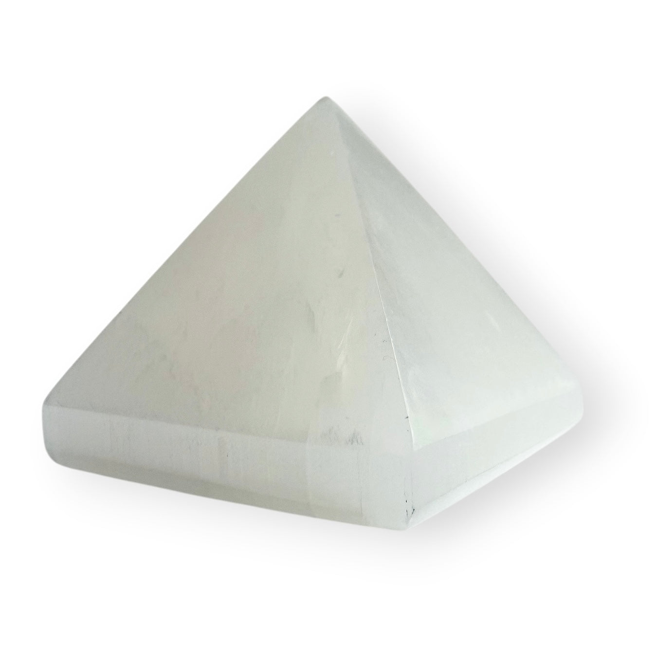 Natural Satin Spar pyramid carved from white gypsum with a smooth finish and pearly sheen.