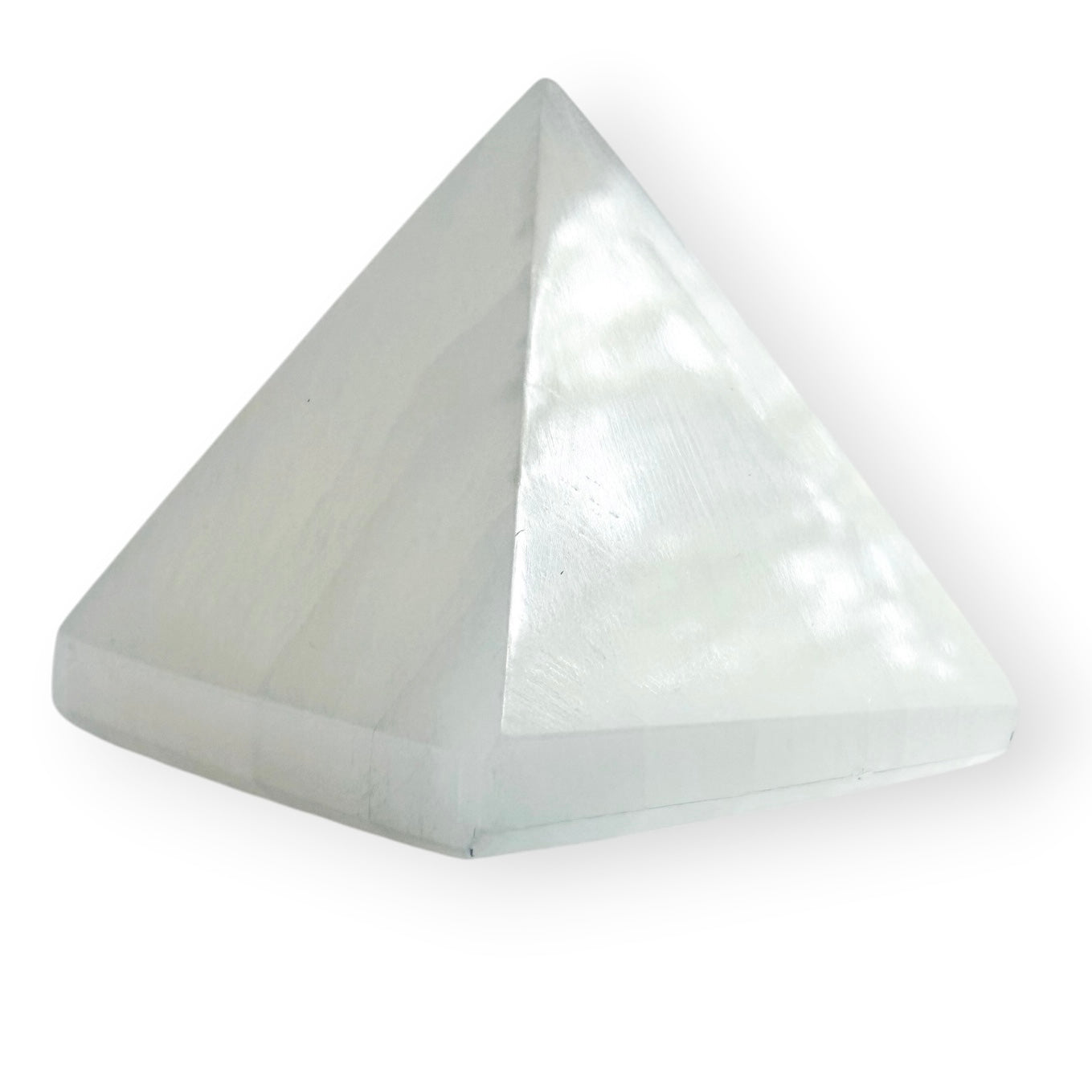 White Satin Spar pyramid with a silky, light-reflecting surface and polished geometric shape.