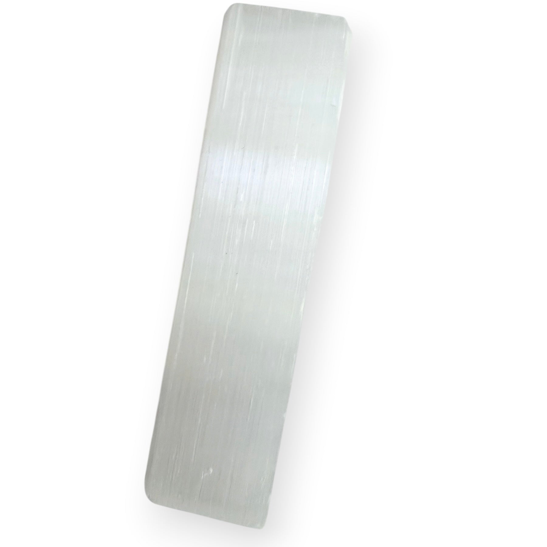 Natural satin spar selenite charging plate with a silky white glow and polished finish.