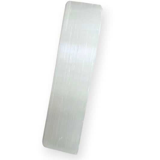 Natural satin spar selenite charging plate with a silky white glow and polished finish.