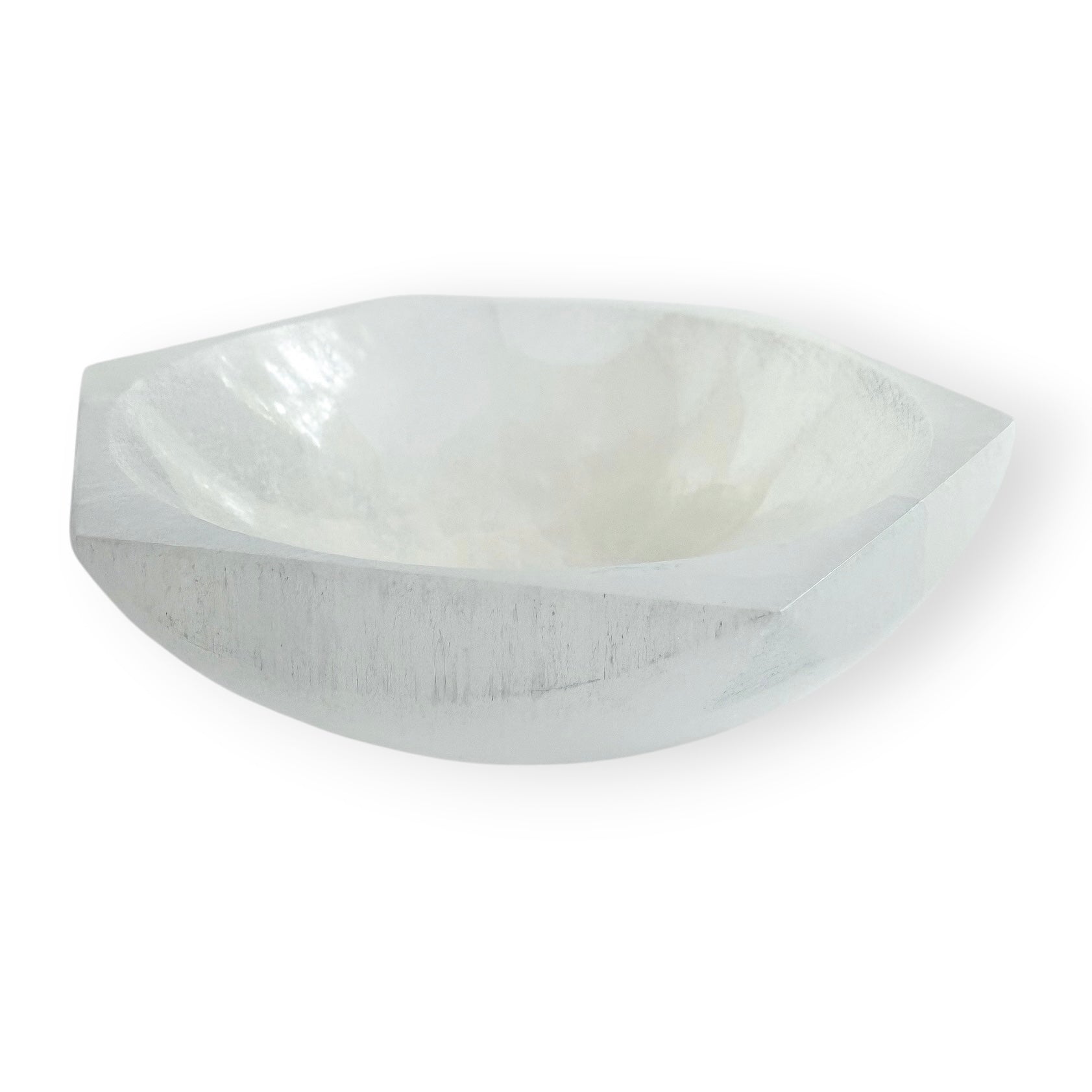 Polished Satin Spar bowl with six-sided design, translucent white coloring, and soft light-reflecting chatoyancy.