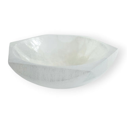 Polished Satin Spar bowl with six-sided design, translucent white coloring, and soft light-reflecting chatoyancy.
