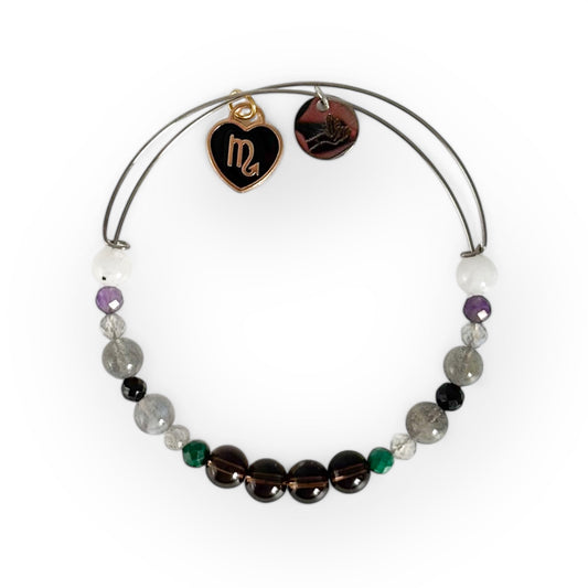 Scorpio Crystal Charm Bracelet with a black charm, featuring Smoky Quartz, Malachite, Hematite, Labradorite, Black Tourmaline, Amethyst, and Moonstone for resilience and intuition.