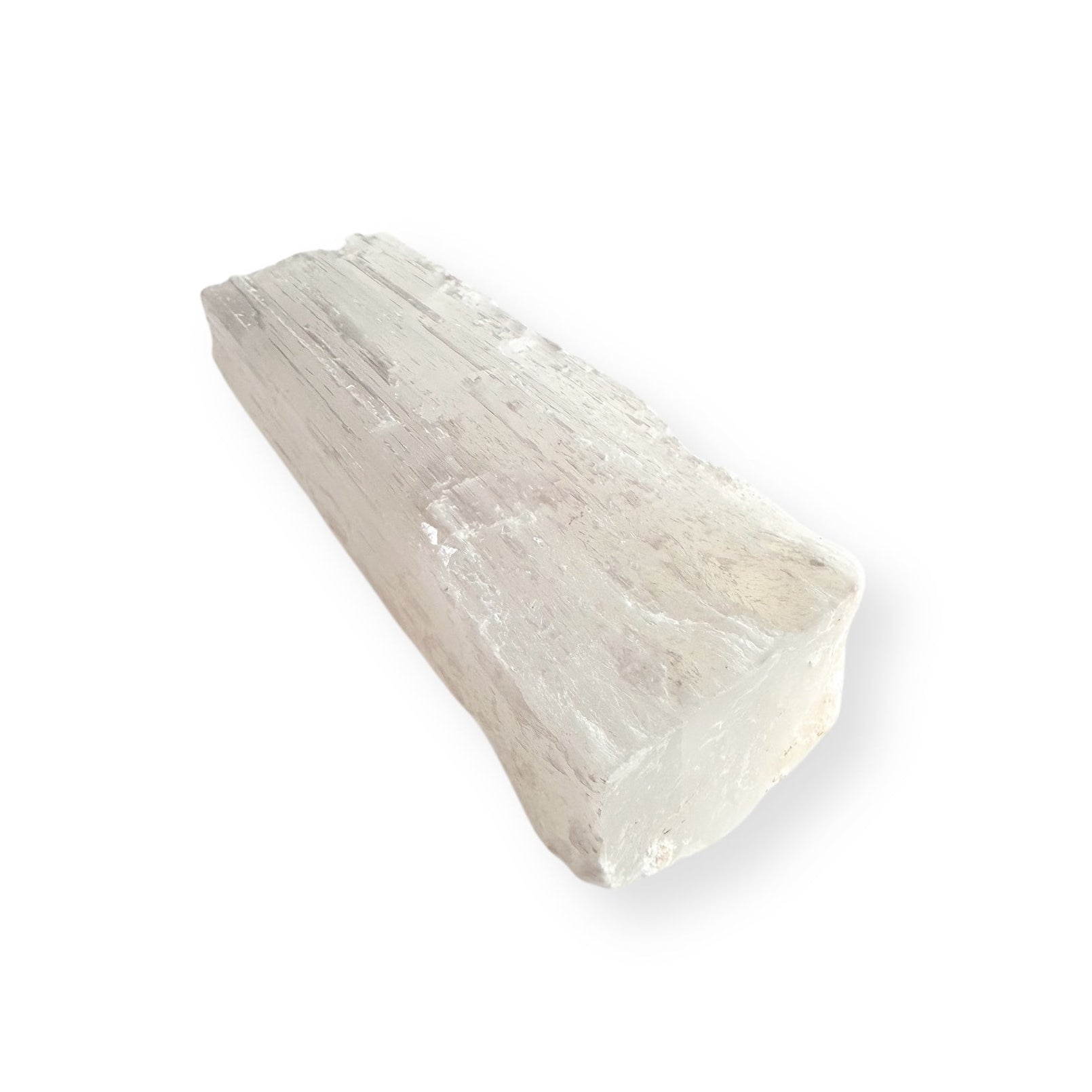 Satin Spar Selenite wand photographed from side angle