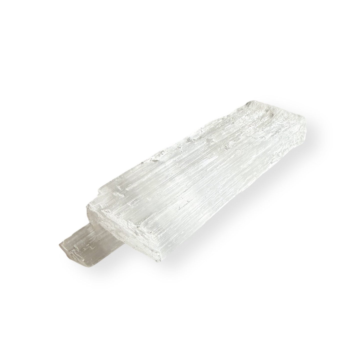Full view of Satin Spar Selenite wand with silky, fibrous bands