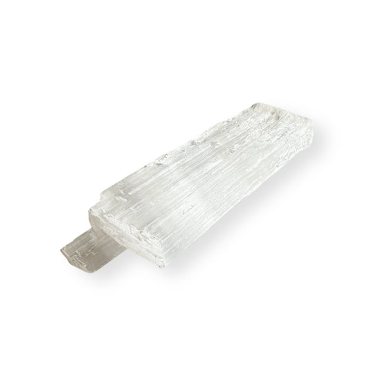 Full view of Satin Spar Selenite wand with silky, fibrous bands