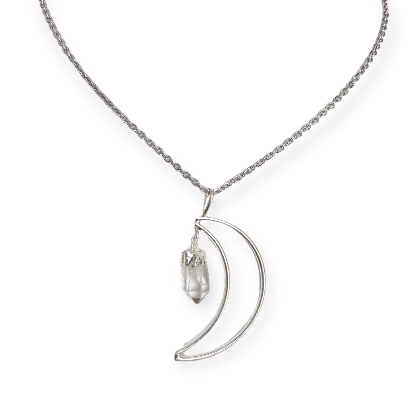 Silver plated crescent moon pendant necklace with natural clear quartz crystal on a stainless steel chain.