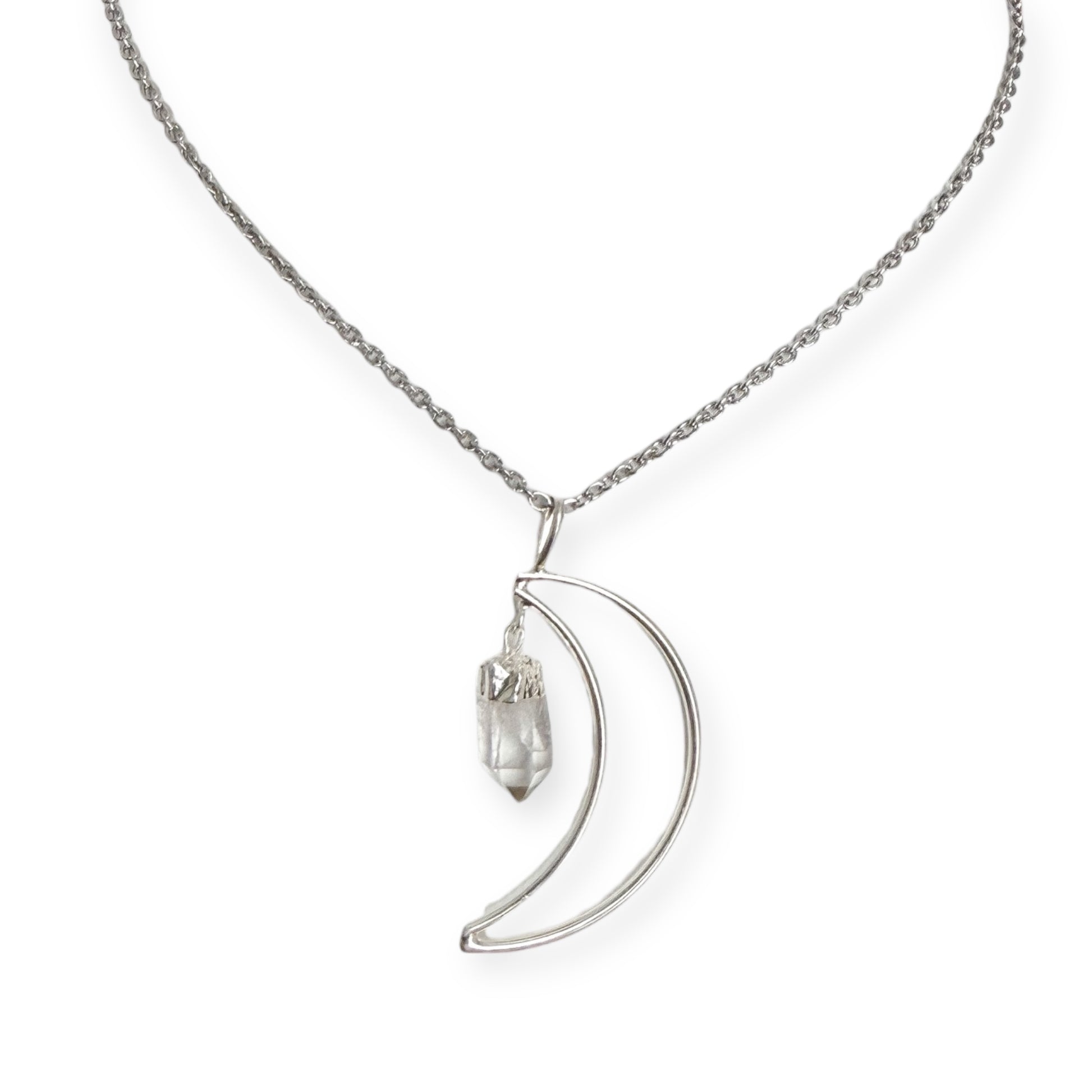 Silver plated crescent moon pendant necklace with natural clear quartz crystal on a stainless steel chain.