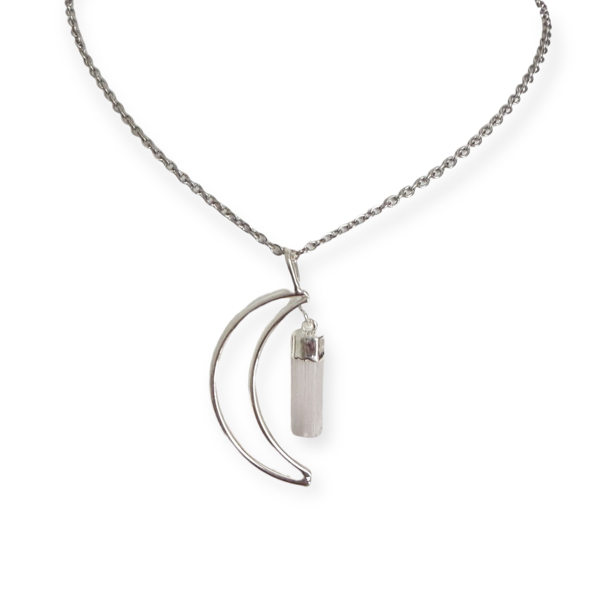 Silver plated crescent moon pendant necklace with natural selenite crystal on a stainless steel chain.