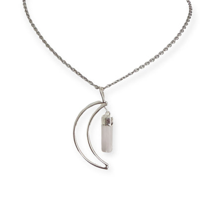 Silver plated crescent moon pendant necklace with natural selenite crystal on a stainless steel chain.