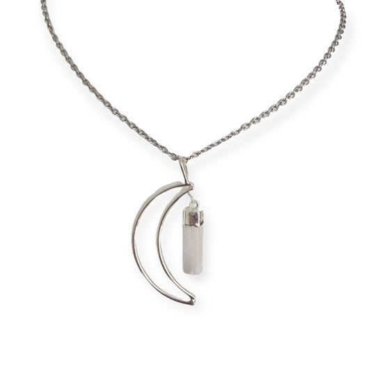 Silver plated crescent moon pendant necklace with natural selenite crystal on a stainless steel chain.