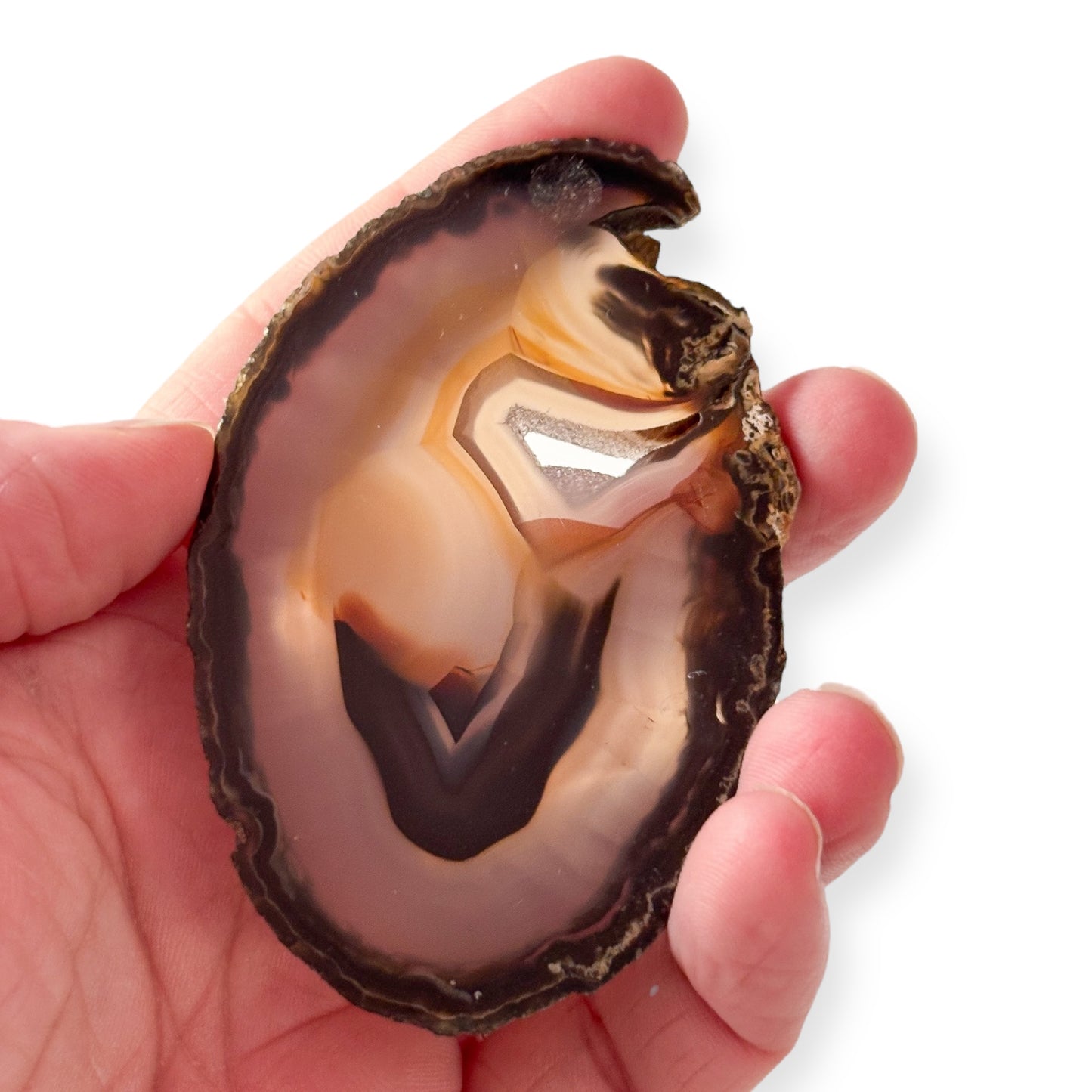Hand holding blue and yellow agate slice