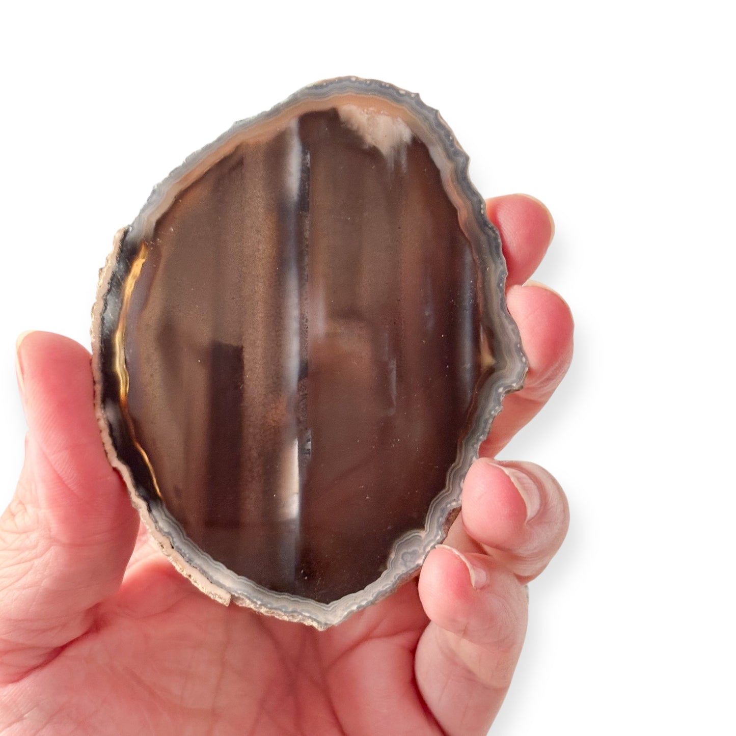 Hand holding dark-toned agate slice for scale
