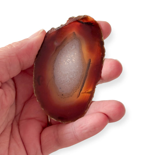 Hand holding orange and brown agate slice for size reference