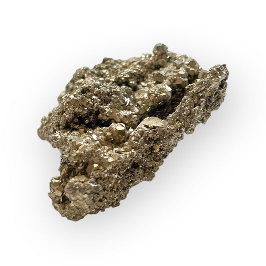 Front view of a Small Pyrite Crystal Cluster with sparkling gold surfaces.