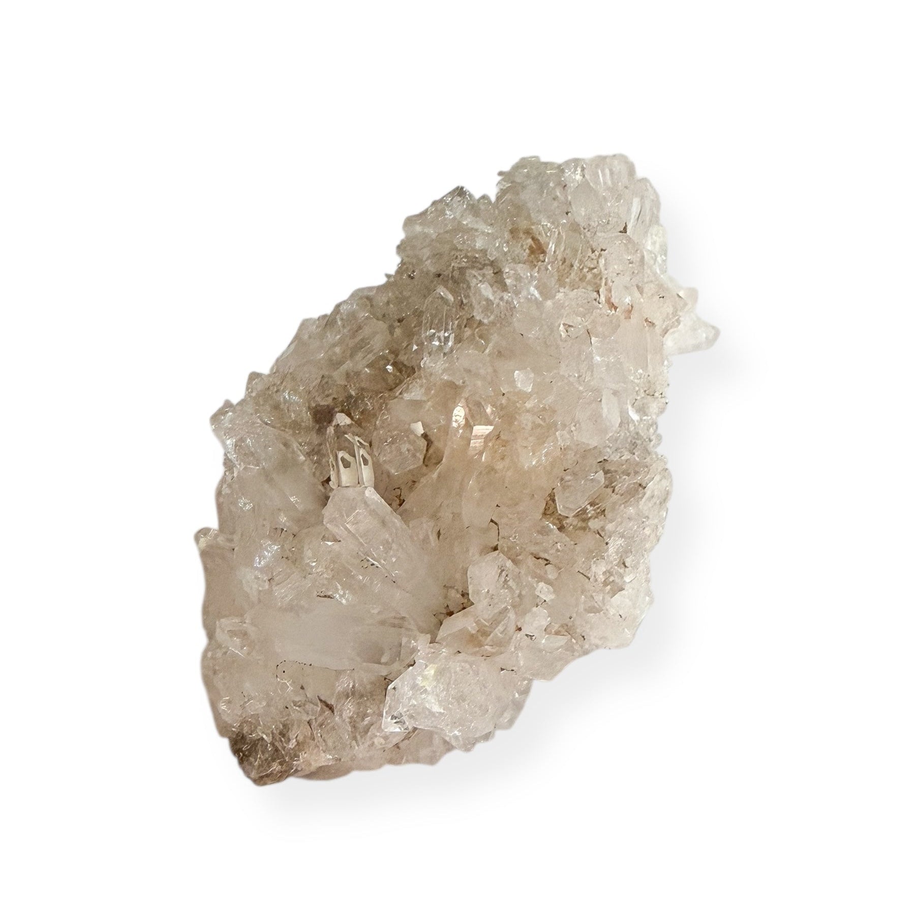 Small Clear Quartz Cluster with sparkling points on white background