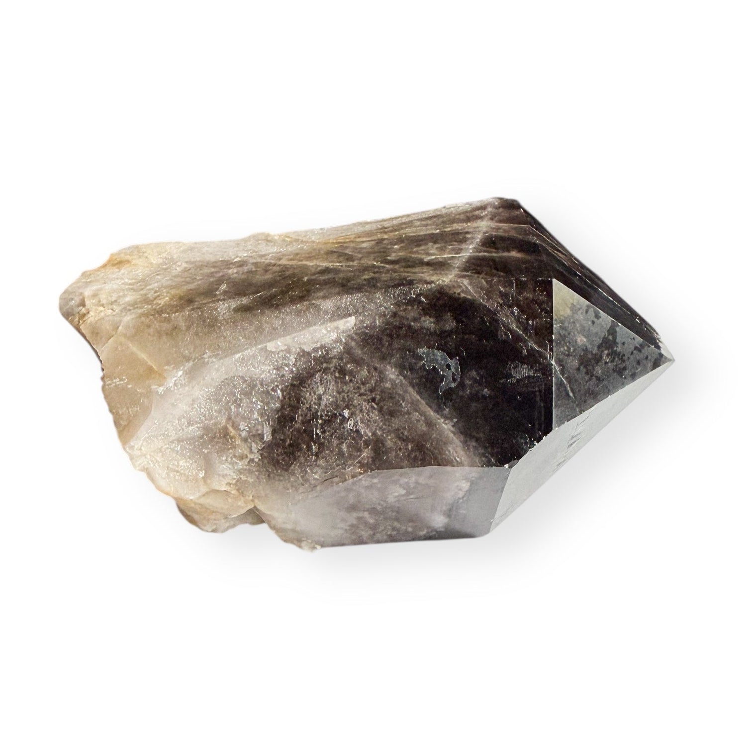 Side view of smoky quartz point showing natural color gradient