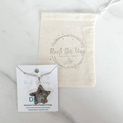 Star drusy silver plated pendant necklace packaged for gifting