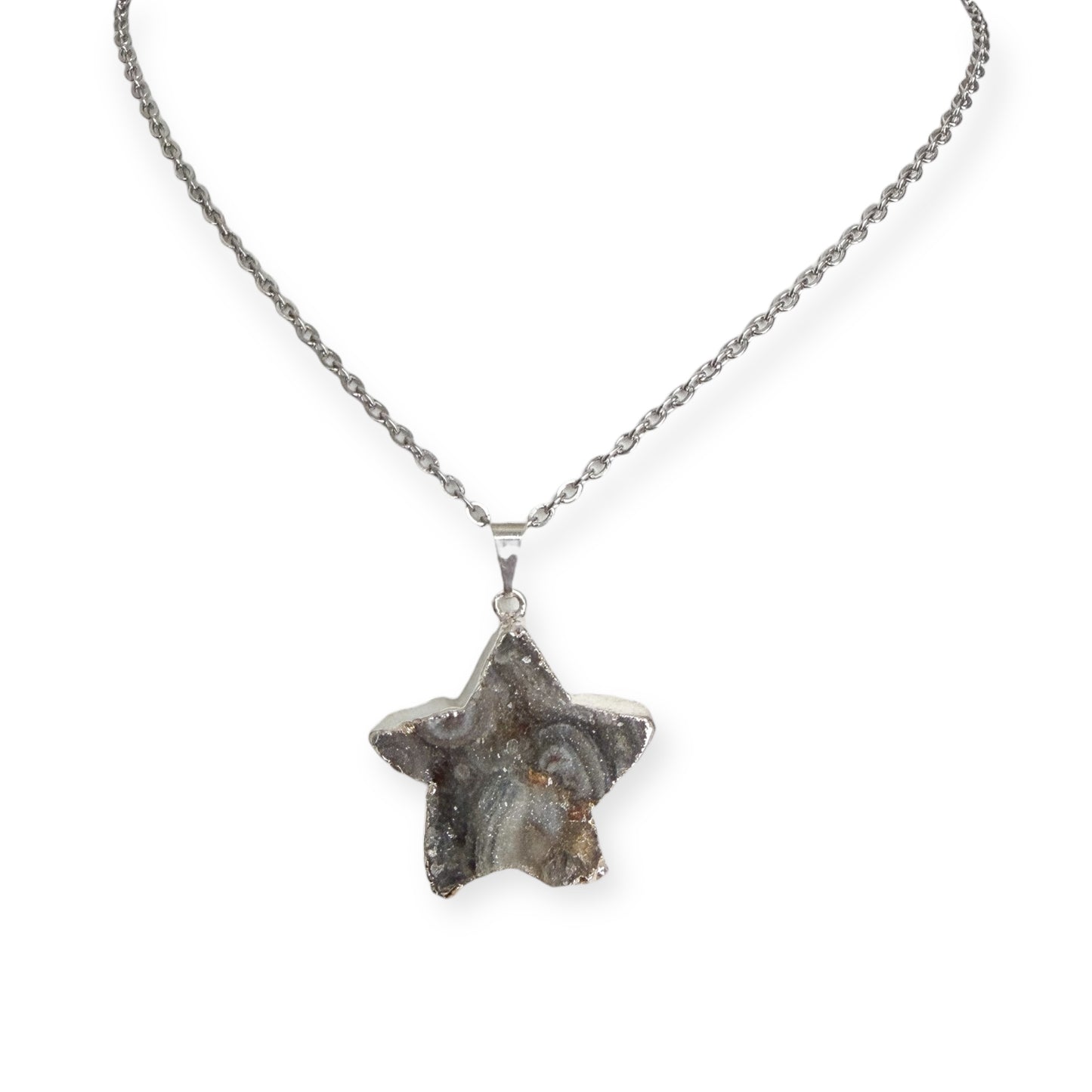 Star shaped drusy crystal silver plated pendant necklace on stainless steel chain