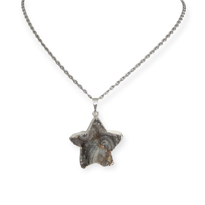 Star shaped drusy crystal silver plated pendant necklace on stainless steel chain