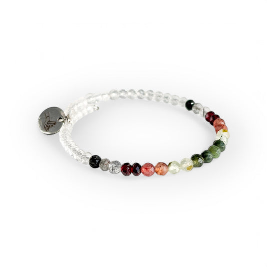 Close-up of Tenacious Wrap Bracelet with Nephrite Jade, Garnet, and Strawberry Quartz beads.