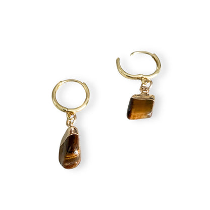 Tiger’s Eye drop huggie earrings with gold filled hoops and polished golden brown stone
