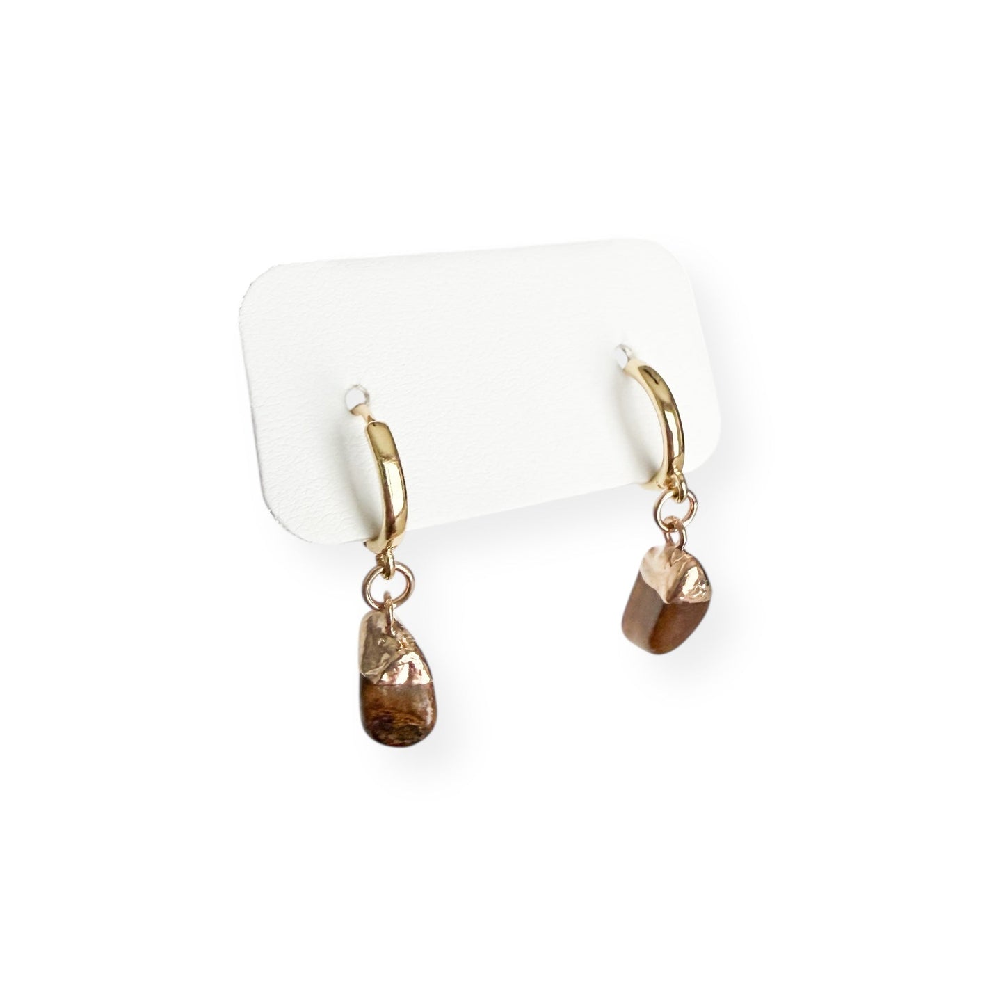 Close-up of Tiger’s Eye stone drop showing natural golden brown bands and gold filled huggie hoop