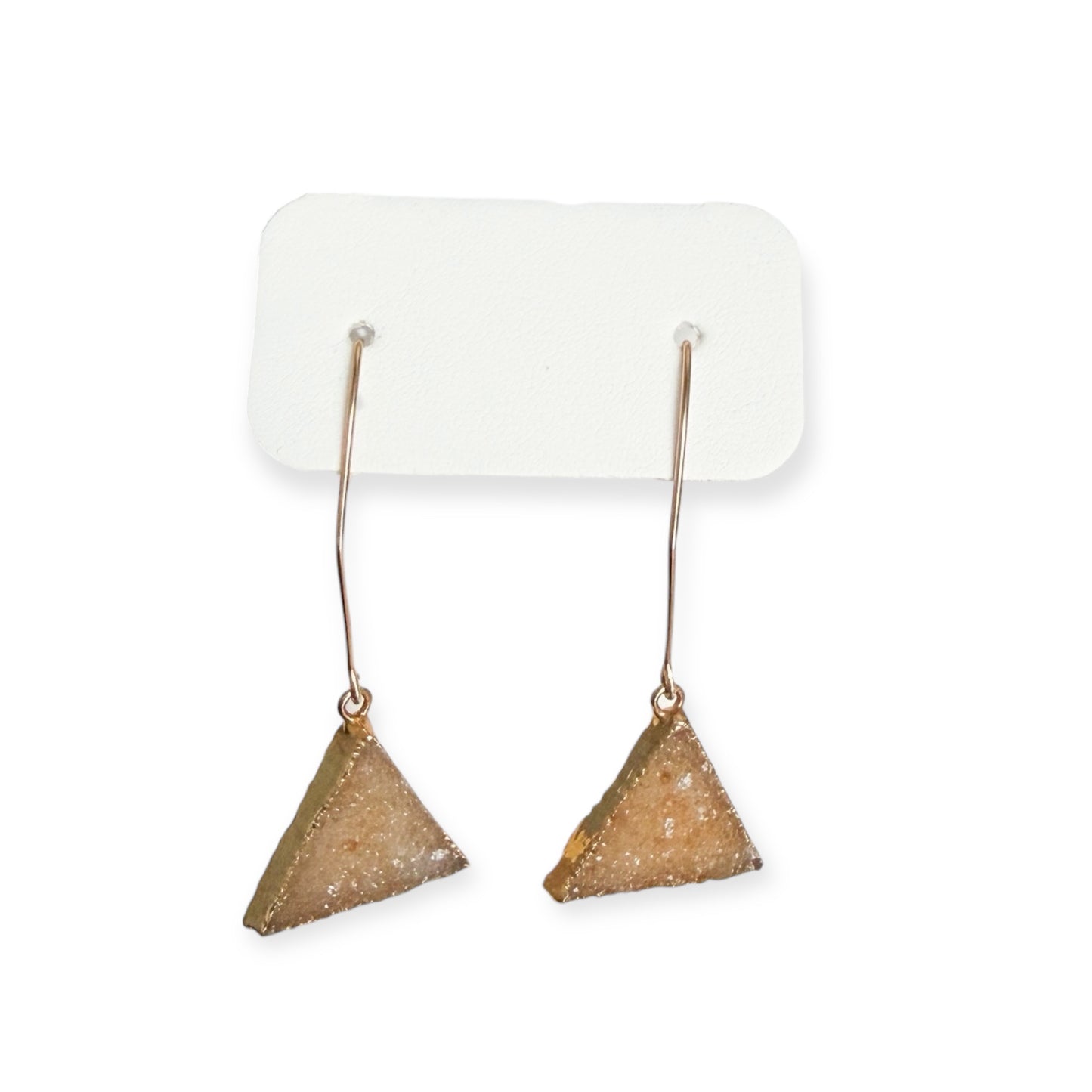 Close up of triangle drusy crystal earrings showing natural texture and gold filled edge detail