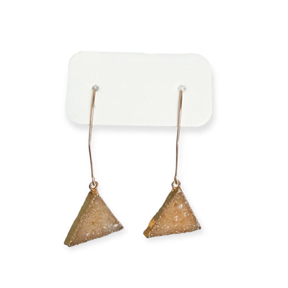 Close up of triangle drusy crystal earrings showing natural texture and gold filled edge detail