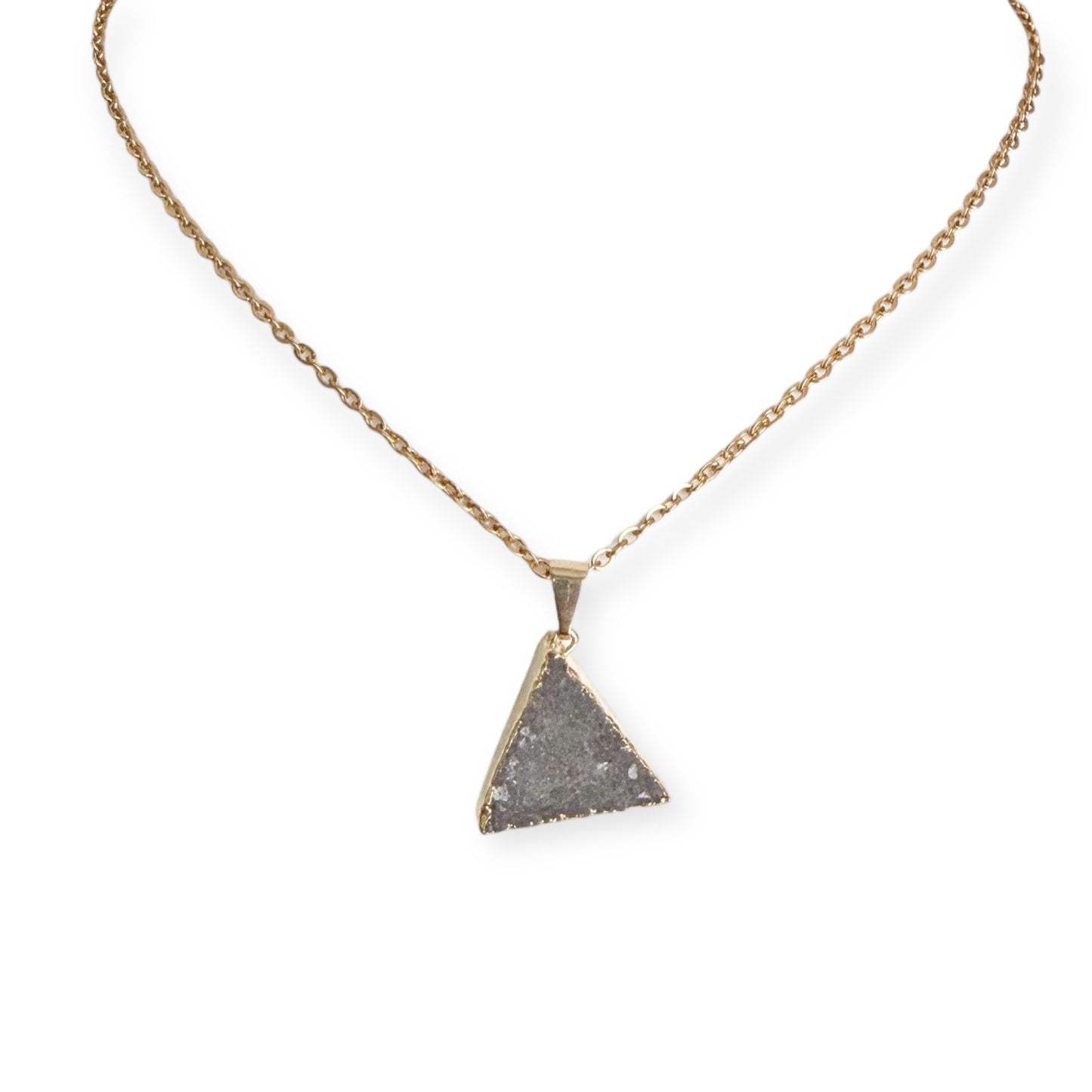Gold plated triangle drusy pendant necklace with natural gray crystal tones on a PVD gold plated stainless steel chain.
