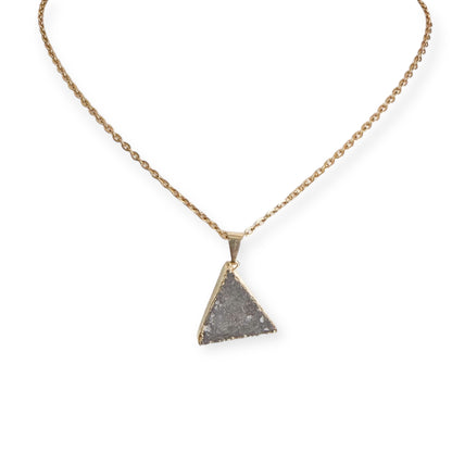 Gold plated triangle drusy pendant necklace with natural gray crystal tones on a PVD gold plated stainless steel chain.
