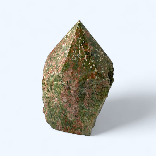 Unakite polished point crystal with green and pink tones – front view