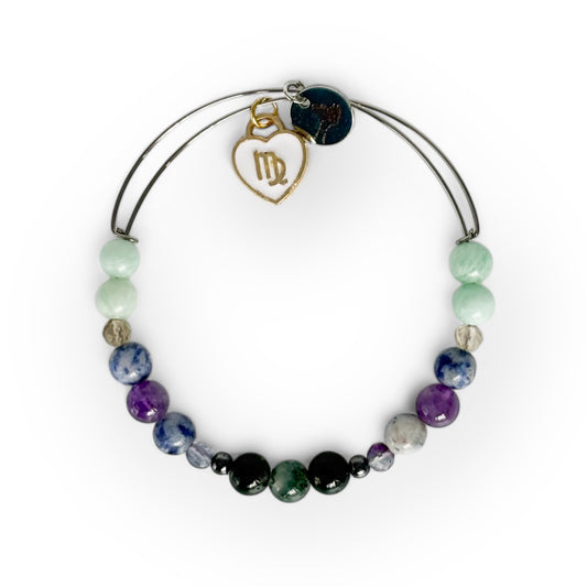 Virgo Crystal Charm Bracelet with a white charm, handcrafted with Moss Agate, Hematite, Fluorite, Sodalite, Amethyst, and Amazonite for focus and balance.