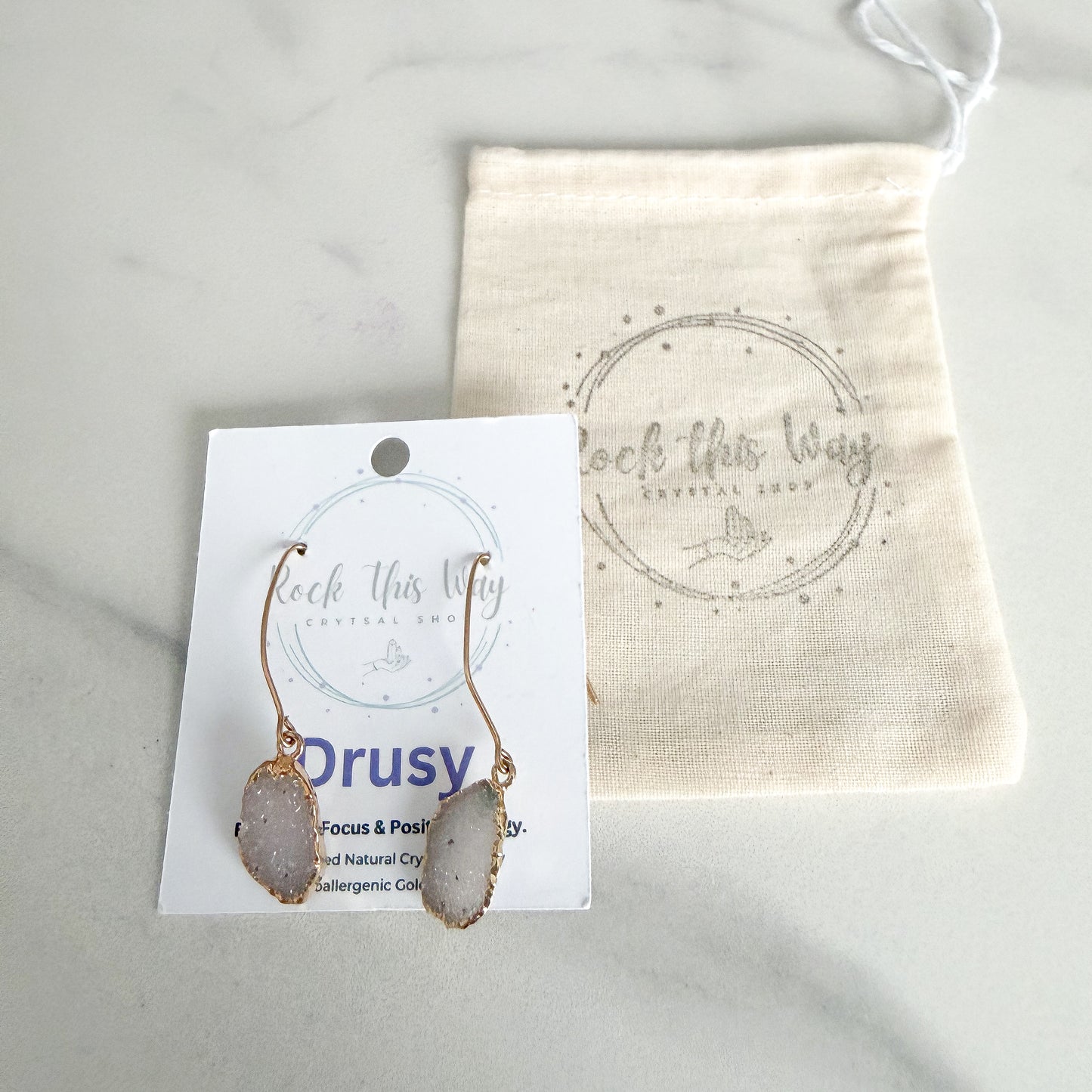 White freeform drusy earrings packaged and gift ready with gold filled ear wires