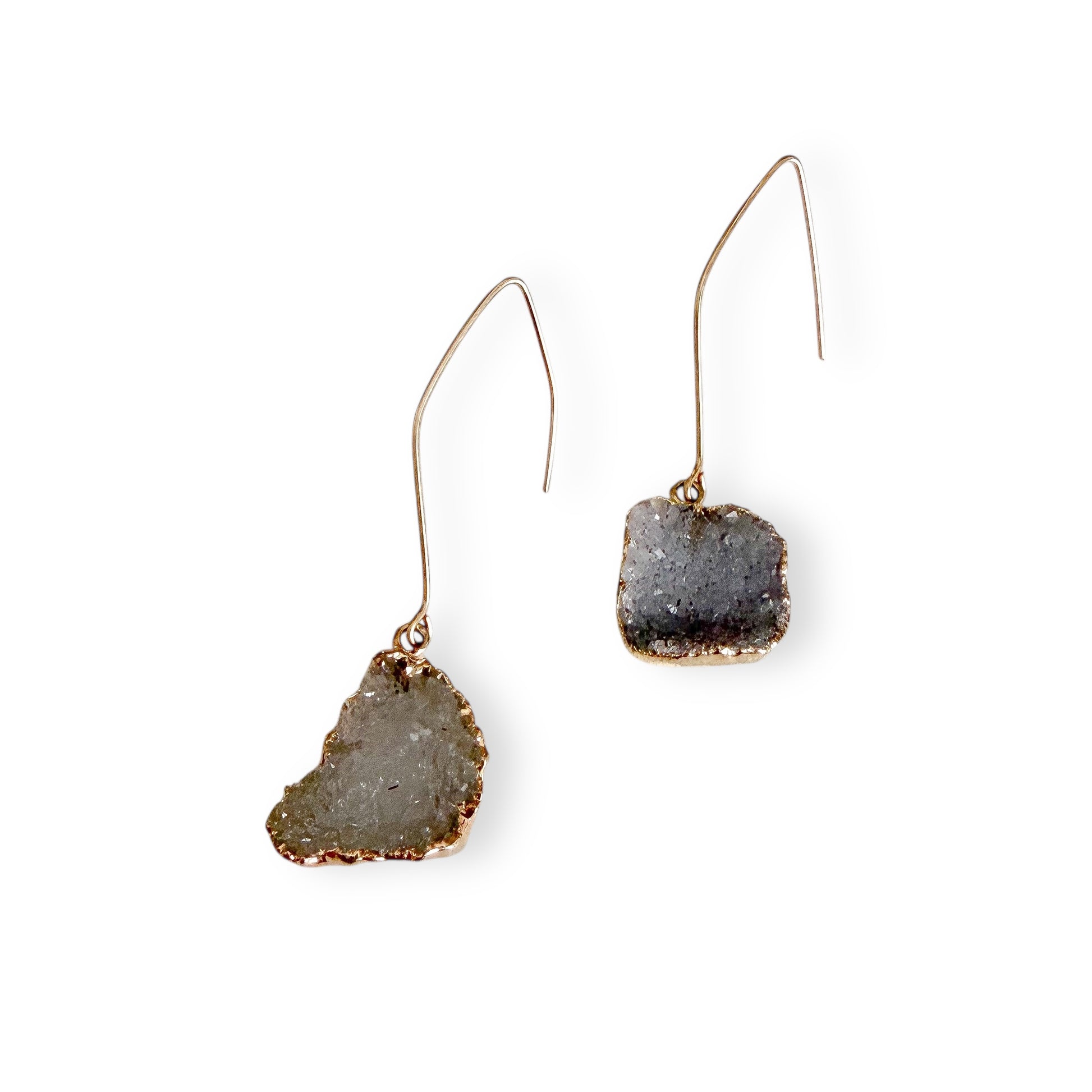 White squoval freeform drusy earrings with gold filled ear wires, natural white drusy crystals with soft sparkle, 2 inch drop