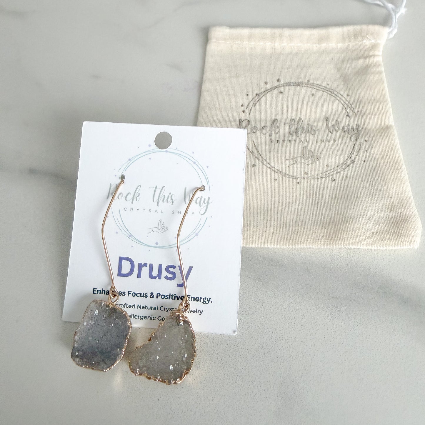 White squoval freeform drusy earrings packaged and gift ready with gold filled ear wires, handcrafted natural crystal jewelry