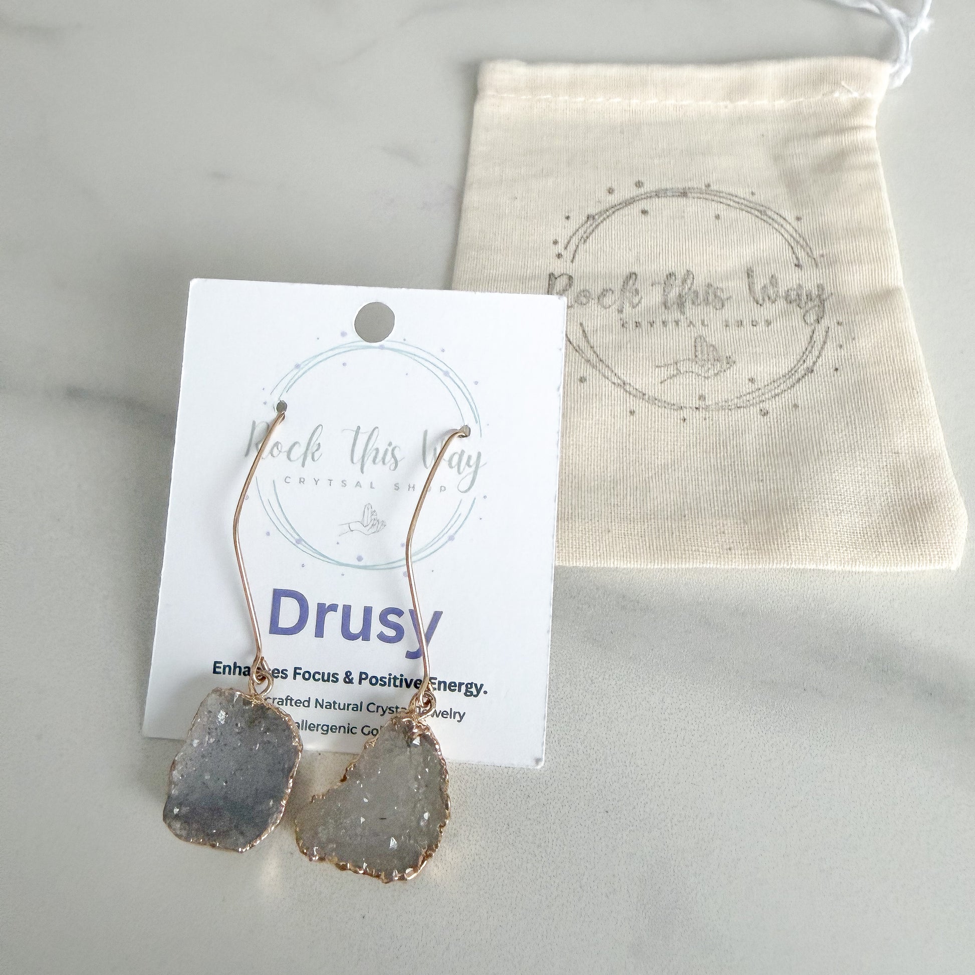 White squoval freeform drusy earrings packaged and gift ready with gold filled ear wires, handcrafted natural crystal jewelry