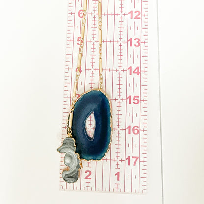 Pull Through Blue Agate Slice with Seahorse Drusy Pendant on a 32" Matte Gold Plated Dynamite Chain