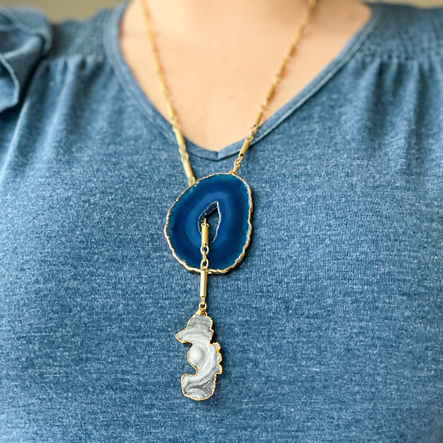Pull Through Blue Agate Slice with Seahorse Drusy Pendant on a 32" Matte Gold Plated Dynamite Chain
