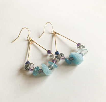 Natural Crystal Teardrop Earrings - Aquamarine, Tourmalinated Quartz, and Fluorite -18kt Gold-Plated