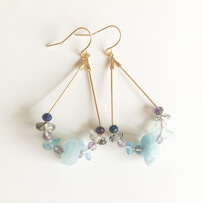 Natural Crystal Teardrop Earrings - Aquamarine, Tourmalinated Quartz, and Fluorite -18kt Gold-Plated