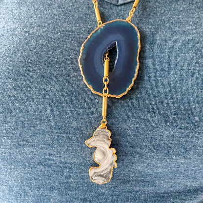 Pull Through Blue Agate Slice with Seahorse Drusy Pendant on a 32" Matte Gold Plated Dynamite Chain