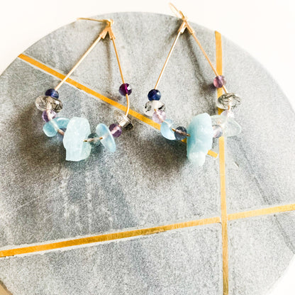 Natural Crystal Teardrop Earrings - Aquamarine, Tourmalinated Quartz, and Fluorite -18kt Gold-Plated