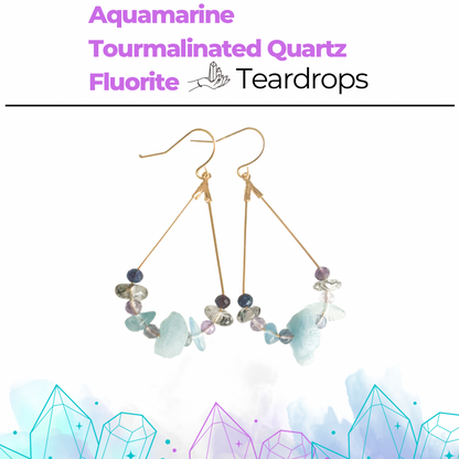 Natural Crystal Teardrop Earrings - Aquamarine, Tourmalinated Quartz, and Fluorite -18kt Gold-Plated