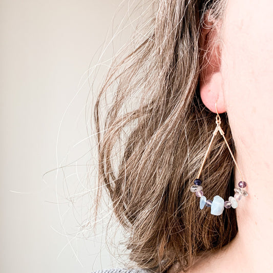 Natural Crystal Teardrop Earrings - Aquamarine, Tourmalinated Quartz, and Fluorite -18kt Gold-Plated