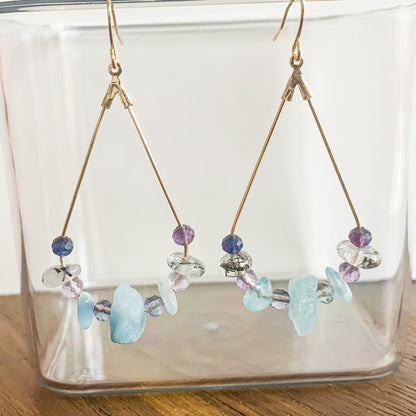 Natural Crystal Teardrop Earrings - Aquamarine, Tourmalinated Quartz, and Fluorite -18kt Gold-Plated