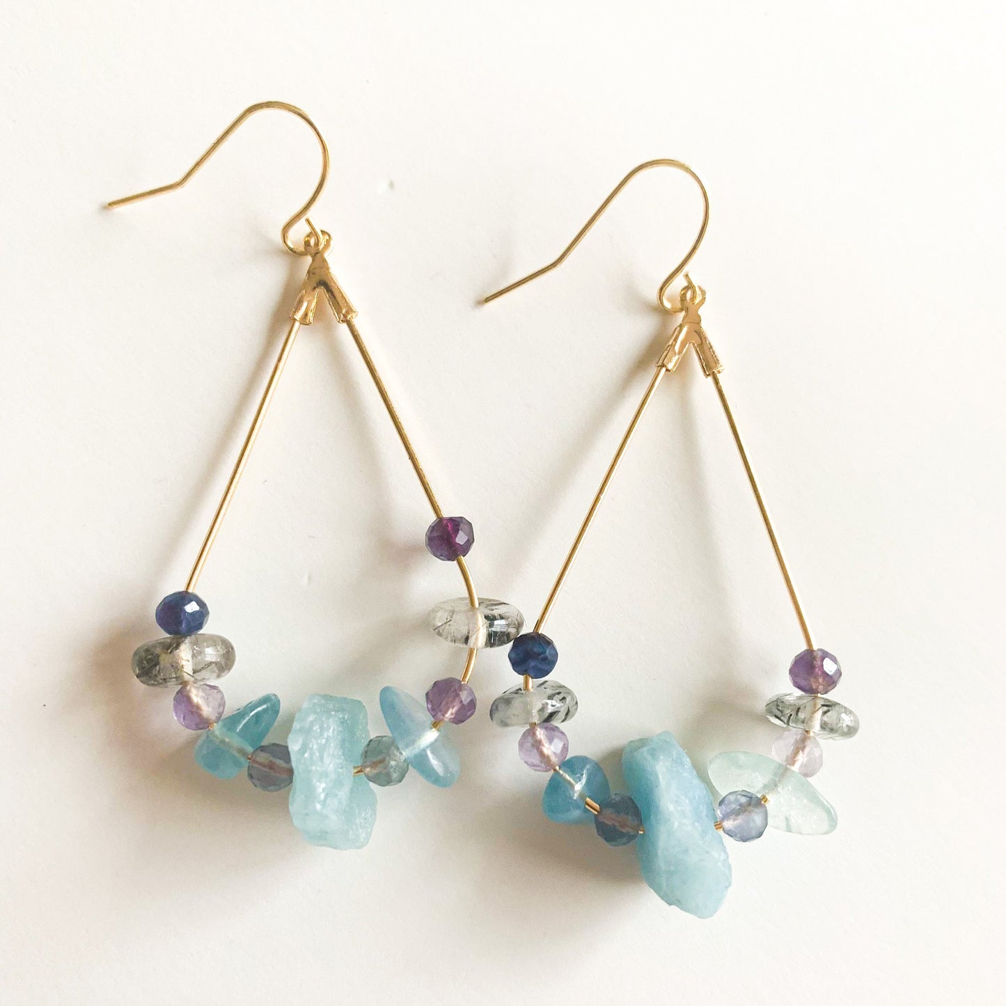 Natural Crystal Teardrop Earrings - Aquamarine, Tourmalinated Quartz, and Fluorite -18kt Gold-Plated